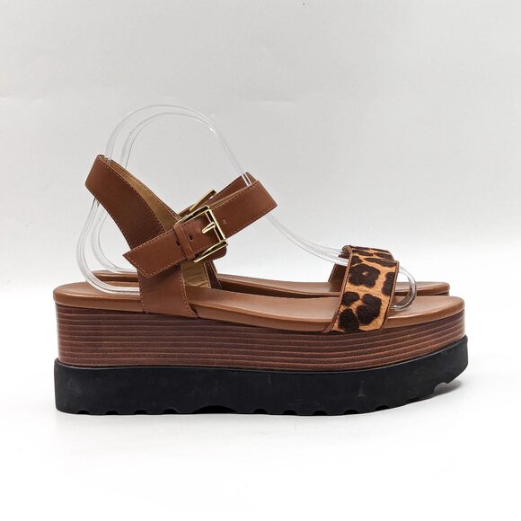 Michael Kors Wmn Marlon Haircalf Leather Brown Platform Buckle Sandals size 8.5 - Picture 7 of 10